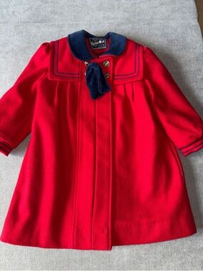 Rothschild Girls' Red Wool Sailor Coat with Navy Trim